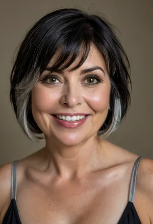 (fat:1.3), 60 year old mature woman, photography studio, perfect studio lighting, obese, drooping, saggy, (smile:1.3), upper body shot, (detailed skin:1.8), (black bob cut straight hair with silver highlights:1.3), (big eyes:1.3), (detailed eyes), beautiful eyes, captivating amber eyes, Sharp eyes, (medium sagging fat breasts:1.2), wearing a white lowcut v-neck spaghett strap tank top, <lora:style_lora_realis:.8>