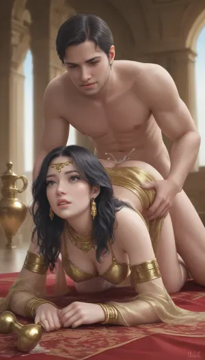 An Arab man and woman on arab carpet in an Arab palace, she is dressed in a golden Arab skirt and bra, cumming, a genie merging from a bottle, anal penetration, doggystyle, cum, romantic atmosphere, manga style, hentai