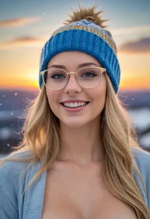Woman, (topless), hard nipples, Long blonde hair, wool cap, posing, smiling, Snowing, sunset, 3/4 View, (photorealistic, highly detailed, best quality, masterpiece, high definition), (big thin rectangle blue glasses with gold lens)