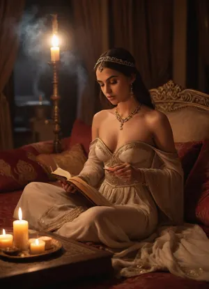 Arabian palace, arabian princess Shehérazade in luxury gown, reading a book to arabian prince sitting on cushion, sensuality, she is undressing, showing her nipples, warm lightning, candles, smoke of incense, realistic, nightly, sensual atmosphere