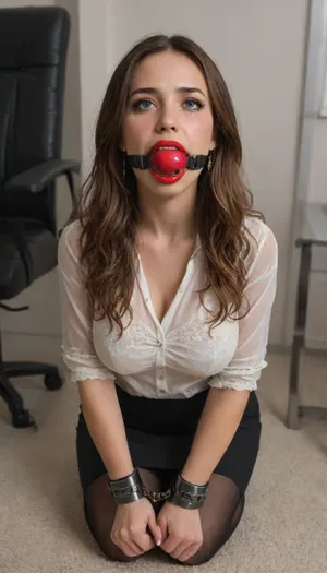 A beautiful curve 40-year-old woman with bright evening makeup opens her mouth wide. She's wearing a black bra and a white, sheer silk blouse. Her face is contorted with pain, she's crying. Tears are visible on her face. With her other hand, she's shoving a huge gag into her mouth. Her head is throw back., ((((big ball-gag)))), dark long hair, red lipstick, (((Beautiful evening hair style))), (((luxurious office attire))), Dramatic image, (((tears on the face))), (((many woman around))), (((metal bondage of FACE))), (((silk blouse))), (((bdsm))), (((full body))), (((Hands holding onto a gag)))