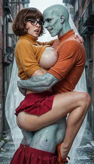 8k, score_9, score_8_up, score_7_up, FILM PHOTOGRAPHY STYLE, cinematic photo photo woman, professional portrait photorealism, a velma dinkley from scooby doo fucked in pussy a, (spectral ghost:1.3), velma showing teeth in extreme pain and fear, low pulled skirt, tan lines, ripped top exposing breasts, massive breasts, very plump belly, panty pulled down, (spectral ghost massive cock carried sex velma:1.4), carried sex, melkor mancin style, aggressive grabbing ass, rough sex, aggressive sex, night time, spooky, extreme fog, hyper fog, full body photo, side view, <lora:detailed_notrigger:2>, <lora:add-detail-xl:.8>, <lora:LCMTurboMix_Euler_A_fix:.8>