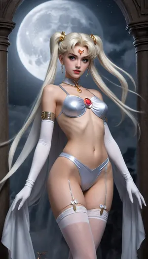 sailor moon, Ethereal female entity, bottomless eyes, youthful waterfall hair cascading and veiling her face, medium breasts, nipples, dynamic pose, white satin gloves, shite satin thigh high stockings, hand under breast, collarbone glistening under moonlight, Digital painting captures interplay of Art Nouveau and punk aesthetics within her being, contrasted against sprawling backdrop of cyber and atmospheric industrial textures, distilled mourning of a divine spirit, gripping, cyberpunk elements, atmospheric contrasts, detailed hairstyle, Lunar luminesc, <lora:DigiArt:.8>