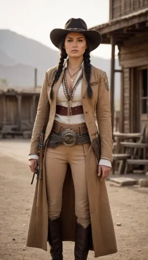Beautiful Native American female gunslinger of the Old West, strong and graceful with a proud stance. Sun-kissed skin, long black braided hair, piercing dark eyes filled with determination, largebimbo breasts. Wearing a mix of frontier and Native attire, weathered leather duster coat over traditional beaded tunic, gun belt with revolvers at her side, cowboy hat with feather tucked into the band, no shirt. Standing in a dusty frontier town street at dawn, poised for a duel, saloon and wooden buildings in the background, desert mountains on the horizon. Ultra-realistic Western art, highly detailed, cinematic golden sunlight, atmosphere of grit, pride, and strength.