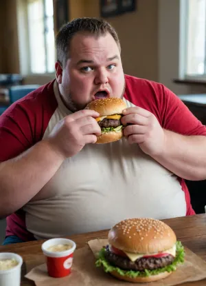 Big chubby fat man eating burger, dirty t-shirt.
