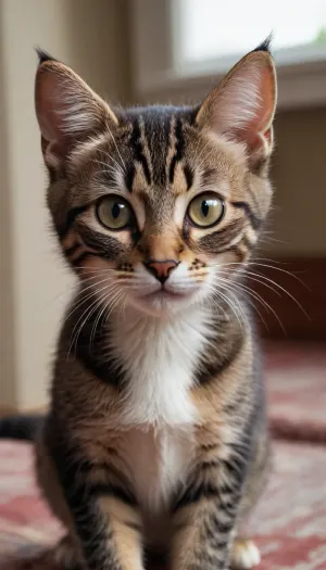 I'd like to see my little kitty what she could look like if she were human. She would be 18 years old. She has brown and black tabby hair. She's slender. She has the copper-coloured eyes.