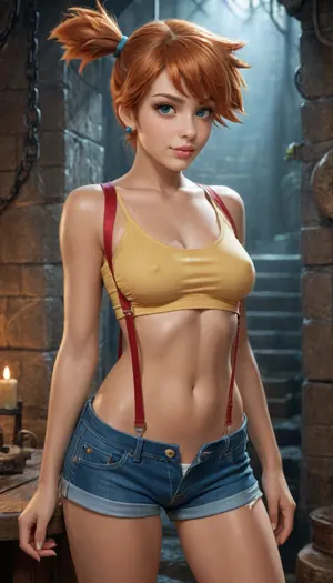 (Reiq style), masterpiece, uhd, 4k, ultra realistic, (1girl), (misty from pokemon), offset side, dungeon, eye, catching, drab, misty_\, (pokemon\), side_ponytail, navel, suspenders, denim_shorts, midriff, (basic\), bare_shoulders, short_shorts, <lora:eye_catching:1.5>, <lora:misty_(pokemon):.8>