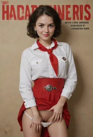 (single drawn girl:1.3), (Alisa), (illustration:1.3), (hand drawn:1.3), (drawn porno comics book cover:1.3), (TITLE text, "Пионер":1.3), (Soviet pioneer girl:1.2), Soviet pioneer girl 18yo, (young:1.5), ((shy smile, blushing)), in a red scout tie, white blouse and white panties pull aside, ((show pussy)), sexy random pose, sovietForm, sopi, pionyrs, shirt, neckerchief, lift her skirt, sash, badge, <lora:iltromba_artwork_style_smm_SDXL_LORA_v07:.7>, <lora:text:.7>, <lora:pionyrka:1>, <lora:ALisa_Selezneva_V5:1.5>