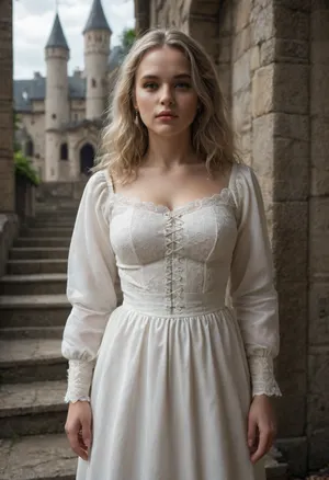 A plump, beautiful woman with a round face and long, light hair down to her waist stands in a white Gothic dress at the wall of a medieval castle, gloomy atmosphere, clouds., <lora:Chubby BBW - XL:.7>