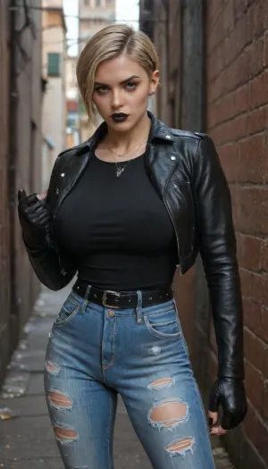 full color image, 8K quality, beauty 19 years old, (((Fashion model pretty slavic girl))), (((bad girl))), (huge breasts:1.3), rounded ass, perfect blue eyes, blonde, very pale skin, slim bodybuilding woman, (((blonde short hair, high cut))), pointed nose, best quality, photorealism, masterpiece, (((leather jacket, black shirt, ripped jeans, black lipstick, black belt, black necklace, black painted nails, gloves))), (((rounded face))), (((piercings))), (((contempt))), (((punching))), (((alley))), kyoshitsu, kaidan, rouka, igbaddie, <lora:Gakkou_SDXL_V1:2>, <lora:igbaddie-XL:2>