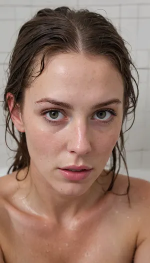 ziprealism, (40yo milf, hot wife, candid casual esthetic, Dutch Angle:1.4), (sensual eye contact, seductive pose, intimate anticipation:1.8), (f/2.8, shallow depth of field, subtle bokeh), (focus on breasts:1.4), (vibrant ginger hair with dark roots, long hair, frizzy hair, dark full eyebrows:1.4), (athletic body:1.2), (full lips, soft lips, moist lips:1.2), (long delicate eyelashes, adorable overbite with buckteeth, freckles, large expressive doe eyes:1.2), (wet hair, washing hair, wet skin, wet face, soaking wet, soaking in bathtub, bathing:1.8), (huge natural breasts, soft breasts, fitness body, slender waist, pubic hair:1.4), (natural skin texture, laugh lines), Stable-Yogis-Makeup-Enhancer-XL