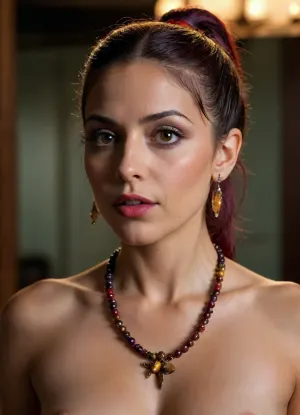completely naked, multicolored hair tied in a ponytail, necklace, piercings, big fake lips, ("Firefly" TV series, Inara Serra), Morena Silva de Vaz Setta Baccarin