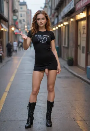 Hyperrealistic 8K full body of a femboy, futanari, shemale model.

BACKGROUND & SETTINGS, Neon-lit alleyway with glowing signs in Japanese, steam rising from food stalls., Narrow street with bustling pedestrians, traditional ramen shops, and convenience stores., Cool evening air, vibrant pink and blue reflections on wet pavement, distant city hum. COMPOSITION, Full-body shot, 3/4 angle, natural depth of field.

POSE, Model seated casually, one hand reaching for a coffee cup., Relaxed posture, natural expression, slight turn towards camera. PHYSICAL FEATURES, 5'8", (174 cm), toned yet feminine physique, big breasts, slim waist, long legs., Heart-shaped face, high cheekbones, straight nose, full lips with cupid’s bow., Porcelain skin, subtle freckles, large almond emerald green eyes with golden flecks., Auburn lashes, perfectly arched eyebrows matching hair color., little shy penis in erection HAIR, Luxurious natural copper/auburn, silky waves, thick volume, mid-back length., Multi-dimensional color with golden highlights, face-framing layers. OUTFIT, Black leather biker jacket over a fitted graphic T-shirt., no pants, no skirt, no shorty, Ankle-length heeled boots and silver hoop earrings. .

TECHNICAL DETAILS, Ultra-detailed skin texture, subsurface scattering, realistic eye reflections., Individual hair strand detail, natural movement., 8K resolution, medium format camera, beauty lighting, (center composition. LORAS:1), <lora:SDXLlora4flFut-000014:.5>, <lora:xpenis-1.5e:.5>, <lora:flat_chested_v3.5:.5>, <lora:SDXL_rainbow_highlights_Sa_May_V2:.5>, 