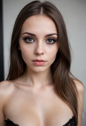 Passport photo, skinny girl, russian girl, beautiful face, round breasts, long hairs, naked, eyeliner, slightly belly stomach, emo, makeup, goth, curvy, white background, highest quality, detailed skin texture, detailed photo, 4K