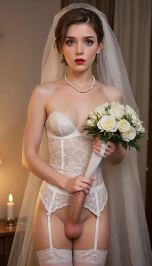 1 femboy, Caucasian, sissy, feminine, feminized, pixie haircut, brown hair, short hair, wedding lingerie, white garter belt, wedding night, no chest, no breasts, white slutty panties, scared, embarrassed, after anal sex, white wedding veil, white weddingdress, pearl necklace, heavy eye makeup, red lips, blush, big eyelashes, shame, medium cock, holding bouquet of flowers, candles, flower petals, perfect cutie face, crying, night time, Object, gd, sex, toy, medium, erect-femboy, erect-penis, testicles, erection, (negative_v2, Color_Balance_Calibration:.8), blue, hair, green, eyes, gradient, flat, chested, <lora:xpenis-1.5e:.5>, <lora:Penis_XL:.5>, <lora:SDXLlora13ErFut:1>, <lora:akane:.5>, <lora:flat_chested_v3.5:2>