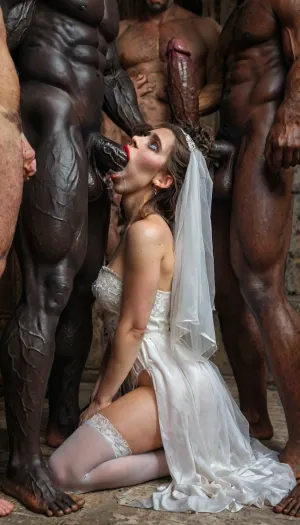 Beautiful brunette white woman, (cheating bride:1.5), (pale skin:1.5), (decorated luxurious bedroom), wedding veil, stockings, shocked, frightened, interracial, (gigantic African black brute thug, huge arms, huge head, hyper muscular body, dressed in slave clothes:1.2), low light, open mouth, red lipstick, no makeup, open tits, big tits, big ass, slim, detailed blue eyes, vaginal sex, standing sex at wall, doggystyle, side view, exhausted ecstatic expression, painful, starring into the camera, ((Hyper realistic)), (ultra HD image), 8k, super high quality, super high resolution, extremely detailed, perfect face, perfect eyes, ((crying alot:1.35)), extremely shy, (5 men jerking off on her:1.4), ((old man fucking her from behind:1.5)), she is extremely beautiful, ((view from the side)), ((brutal sex:1.3)), ((extremely rough pounding)), ((forceful)), tied up in chains, hands behind back, (anal:1.5), (masterpiece:1), hard nipples, hourglass waistline, perfect anatomic body, anal spitroast, gagging on cock, Uber realistic, ultra detailed, masterpiece, arched back, detailxl, 35mm photograph, film, professional, 4k, 1girl, 5 boys, hdr, photographic, ultra realistic, ultra high details, back light, (front view), (dynamic pose), best quality, with large muscular black men, gargantuan black cocks, anal sex expansion, large hyper muscular black men, interracial gangbang, (interracial sex), swollen black veiny cocks, (double anal penetration), hardcore double penetration, proper physics, big black cocks, muscular black interracial gangbang, extremely graphic, beautiful hands, massive cum in ass, (side view), realistic lighting, soft shadows, high detail, hyperrealistic, 8K, BadX, porn photoshoot, detailed skin, on the roof, steam locomotive, steampunk, DETAILED background, spectacular lighting, (eyes wide open in horror:1.48), (wide mouth spreader:1.18), (pleading expression:1.44), (terrified:1.44), (crying:1.44), UHD 8K, (full body photograph:1.12), (huge dick), (creamy deep deepthroat:1.12), (extreme oral sex:1.4), (huge massive white dick:1.4), (cum), (hands pulling hair hard), professional photograph shot on kodak, 35mm photo, sharp focus, high budget, cinemascope, 100 mm lens, 1/250 s, f/2.8, ISO 300, (low view:1.2), <lora:LCMTurboMix_Euler_A_fix:2>, <lora:JuggerCineXL2:2>, <lora:CinematicStyle_v1:2>, <lora:MJ52:2>, <lora:zavy-brbrn-sdxl:2>