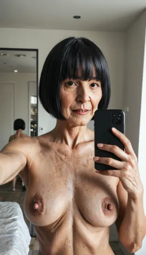 (Candid cellphone mirror selfie photo), (69-year-old woman:1.8), nude, fun, naughty look, perky tits, (bob cut black hair:1.8), strong jaw, angular features, (modeling pose), maximum photorealism, Petite, vivid colors, realistic detailed skin, realistic skin texture, good lighting