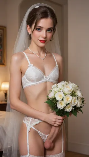 1 femboy, Caucasian, sissy, feminine, feminized, pixie haircut, brown hair, short hair, wedding lingerie, white garter belt, wedding night, no chest, no breasts, white slutty panties, flirty smile, white wedding veil, white weddingdress, pearl necklace, heavy eye makeup, red lips, blush, big eyelashes, shame, medium cock, holding bouquet of flowers, candles, flower petals, perfect cutie face, night time, Object, gd, sex, toy, medium, erect-femboy, erect-penis, testicles, erection, (negative_v2, Color_Balance_Calibration:.8), blue, hair, green, eyes, gradient, flat, chested, <lora:xpenis-1.5e:.5>, <lora:Penis_XL:.5>, <lora:SDXLlora13ErFut:1>, <lora:akane:.5>, <lora:flat_chested_v3.5:2>
