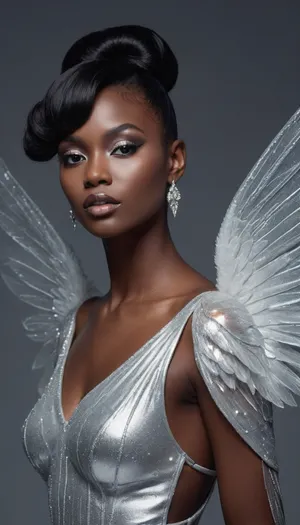 full view from front, A striking high-fashion editorial portrait of a Nigerian ice-archangel, age 45, styled with a couture fantasy aesthetic. She stands in a minimalist moonlit winter set reminiscent of a luxury magazine shoot, with clean composition, soft silver tones, and controlled floating frost. Her wings are sculptural translucent crystalline structures, refined like carved glass, catching moonlight in elegant refractive highlights. Her hairstyle is an elevated editorial interpretation of a chignon, a polished bun with graceful face-framing bangs, while long, glossy black hair flows down her back in smooth, controlled waves. She wears avant-garde icy-silver satin couture with subtle frost-textured detailing, tailored and sleek, merging high fashion with ethereal fantasy. Makeup is glamorous and refined, cool pearlescent shimmer, precise metallic eyeliner, luminous highlights accentuating her deep skin tone, and a poised editorial expression. Soft sparkling frost particles drift through the scene like studio-directed effects. Photorealistic, polished, luxurious, magazine-editorial fantasy.wearing winged boots