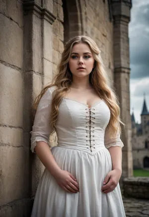 A plump, beautiful woman with a round face and long, light hair down to her waist stands in a white Gothic dress at the wall of a medieval castle, gloomy atmosphere, clouds., <lora:Chubby BBW - XL:.7>