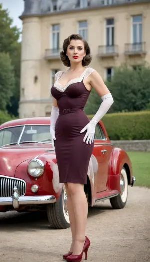 elegant 40 year old Romanian woman, 1940s tv show, in the yard of a grand French chateau, 1940s TV show color grain filter, sexy body, elegant brunette blonde hair, red lipstick, large thick lips, (sexy smirk), house wife, soft facial features, classy elegant very tight dress, ((breasts too large for the tight dress, dress covers half of the tits, nipples slightly visible)), cute button nose, white lacy gloves, stockings, (((high heels))), round butt, red 1940s car in background, thighs, focus high heels, full body view from afar, desaturated colors, 1940's aesthetic, made in the 1950's, super Panavision 70 color film stock, low contrast, balanced colors, 3 point studio lighting, High Resolution, Rich Color Palette, Smooth Tonality, film grain, soft focus, dynamic range, <lora:nylons:.8>