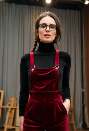 (masterpiece, best quality:1.2), 1 czech 35yo woman, musical star, (she wears a velvet turtleneck designer overall:1.4), long raven black hair in a low braid, brown eyes, big glasses, she is on a stage of a musical, photorealism, flat, chested, <lora:style_lora_realis:.5>, <lora:flat_chested_v3.5:.7>