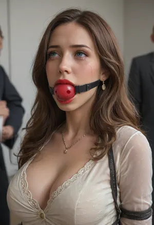 A beautiful curve 40-year-old woman, looks like a playboy model, with bright evening makeup opens her mouth wide. She's wearing a black bra and a white, sheer silk blouse. Her face is contorted with pain, she's crying. Tears are visible on her face. Trying to insert a huge gag into her mouth. Her head is throw back., ((((big ball-gag)))), dark long hair, red lipstick, (((Beautiful evening hair style))), (((luxurious office attire))), Dramatic image, (((tears on the face))), (((many woman around))), (((metal bondage of FACE))), (((silk blouse))), (((bdsm))), ((business style hair)), (((pin-up woman))), (((She looking to her breast)))