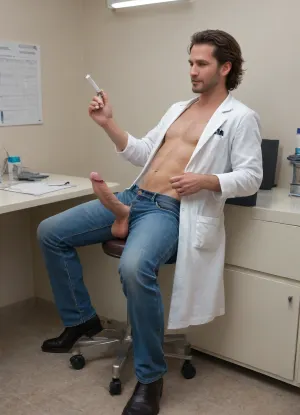 Photorealistic, (Doctor's office, The male doctor, 58 years old, is dressed in jeans, a tight sweater, and a lab coat, the doctor sits on a stool and examines a male patient.), (The male patient is 35 years old, shirtless, with his trousers down to his knees. The patient displays his enormous, hard penis, which is heavily veined and engorged. Semen glistens on the glans. The patient's testicles are large and hang low, and his scrotum appears heavy and full of semen. The patient sits back on the examination table. Semen is leaking from his penis.), (The doctor examines the patient's thick penis and holds it in his left hand. In his right hand, the doctor holds a test tube to collect the patient's semen.), 
