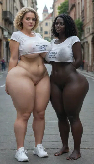 Ultra-hyperrealistic image, 8k image, award-winning image, hyper-realistic faces, soft lighting, (full body:1.2), standing and kneeling view, They are two women with penis, (8futas:1.2), they have huge, big, thick, circumcised penises, (beautiful fat glans:1.2), big balls, (one is tall with black skin:1.2), (very black skin:1.2), the other is blonde with blue eyes, both women with penis have giant asses, they have anal sex with each other, in different positions, they have anal sex in the streets, in parks, in church, on a yacht.Full body, full naked, best quality, 8k, 8girl, front facing, (biggest breasts:1.2), outdoors, tshirt, bronw hair, blue eyes, straight hair, (cry:1.2), standing and knrrling, (tall:1.2), (tall girl:1.2), (gigantic hips:1.2), (gigantic thighs:1.2)