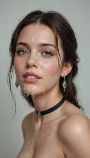 Woman, 35 years old, pale white skin, black choker, long black hair, medium-sized natural breasts, extreme close-up of a bukkake, view from top and from the side, happy expression, ejaculations, facial portrait of her with her face covered in semen, with minimalist natural makeup, lots of thick and liquid semen on her face, semen on her eyelashes, semen on her eyelids, semen on the skin of her cheeks, face wet with semen, semen on her lips, semen in her hair, semen dripping, excess semen between her breasts, perfect nipples. No drawings or animations, ultra-realistic image. more cum, more semen, perfect tits, cumshot on face, excessive cum