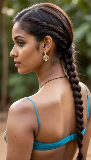 Extremely sexy face, South indian teacher in down blouse huge facing away showing her back, double braided, photo flashing light on her neck. her grown from her neck is making the skin look darker, elegant indian face, Ultra-realistic shot of the neck of a indian rural extremely brown women with dark neck, where her hair is divided in half and braided to the sides, delicate hair strands are visible along the nape of her neck and around the part in her hair. The lighting is soft and natural, enhancing the details of her skin and hair. The focus is on the intricate details of her neck and hair, creating a highly realistic, ((full body shot)), laser focused by canon mark 7d l lenses, world renounced photography, laser focused, <lora:set4:.8>