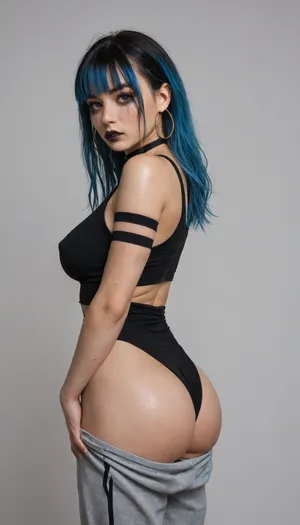 chinese, black hair, blonde hair, Blue hair, very sweaty, water drops, voluminous hair, heavy makeup, false eyelashes, long eyelashes, extremely long eyelashes, hyper eyelashes, large hoop earrings, baggy sweatpants, black leotard, abs, facing towards camera, choker, simple background, erect nipples, arm bands, smeared makeup, black lipstick, ((bangs)), Chinese, 18+, Fit, big Ass, Multi Colored Hair, Smeared Makeup, Leotard, large breasts, back view