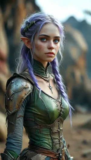 a green and gray mutant in medieval rags and an elven amazon 21 years old \ \ collided in battle \ \ mutant growls \ \ the girl is very confident approaching \ the girl's figure is narrow shoulders wide hips thin waist her skin is blue her hair is very long purple complex hairstyle she is dressed in desert light armor \ \ the girl uses magic against the mutant \ the mutant's skin is gray and salty and he has zombie teeth, <lora:MJ52:.8>, <lora:add-detail-xl:.8>, <lora:CuteLora:1.6>, <lora:Midjourney Image Enhancer XL v1:.8>