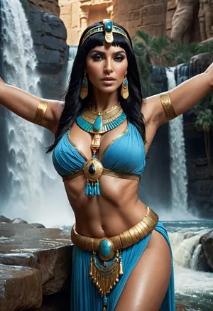 Photorealism, photorealistic, realistic, {Egyptian priestess of water wearing a massive necklace, with straight heavy black hair and straight bangs, spreading her arms to the sides, unleashing a waterfall with her staff}, lifelike, highly detailed, ultra-realistic, cinematic lighting, 8K