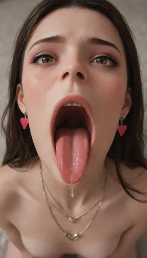 A realistic porn scene, (above viewer view:1.7), 4k, arched back, (moist liquid covered lips and tongue:1.8), (on her knees:1.7), (on her knees), perfect skin, skinny girl, (nude:1.7), realistic, high res, brunette, brown eyes, highly detailed face, (long hair middlepart hairstyle), (thin_lips makeup), natural light, skinny body, 18 years old, (wearing heart necklace:1.7), (wearing heart earrings:1.7), detailed mouth, hands on boobs, (look up at viewer:1.7), (close view:1.7), (pov:1.7), (open mouth:1.7), (screaming:1.7), (liking:1.7), (tongue out:1.7), (chin up:1.7), (look at viewer:1.7), (look at boy:1.7), (tongue dripping moist:1.7), (virtual:1.7)