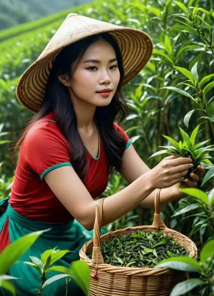 (Hyperrealistic, UHD-8K:1.5), ((Vietnamese woman picking tea leaves in a terraced plantation)), (Vietnamese woman, sombrero non la, ao ba ba, bamboo basket with tea leaves), ((picking tea leaves with her hands)), in a colossal terraced plantation. Illuminated by the sun's rays on the horizon, bathing the entire scene and highlighting the details of the woman and the tea plants. Close-up view of the woman picking leaves with mist in the background, color gradation hojas de te