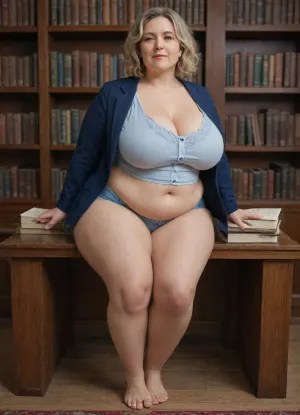 Big fat English woman, very pale skin, fatty double chin, fatty neck, fatty face, 50 year old mature, extra broad chest, wide chest, she is morbidly obese and physically overweight, fat face, she has a big fat stomach, she has a lot of extra fat all over body, wearing suit and undershirt, suit she wore covers her body and privates, professionally dressed, cellulite thighs, she disproportionately huge breasts when compared to size of rest of her body, breasts that are double her head size, her breasts look heavy, long pendulously shaped breasts hanging down low, deflated looking breasts hanging and sagging low to her waistline. Oval-shaped breasts, located at library, front desk, books, short blonde hair side parted, (bare feet:1.5), (full body overview:1.3), huge, breasts, fat，, chubby，, fat, girl, underwear, solo, <lora:Taretiti_XL-v1:.2>, <lora:chubbyladyXL2.0:.7>, <lora:runga10.52:.6>