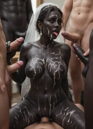(((party with naked bride))), bride Is topless, naked tits, gangbang, White skin men fuck black skin bride, (((only White skin men:1.5))), (bukkake:1.5), . bride Is tall, curvy body, big saggy boobs, (ultra black skin bride:1.5), . a lot of White skin men at the party, men wear formal clothes. anal sex, vaginale sex, double penetration, oral sex, different position