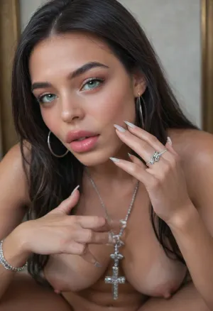 (from below:.1), ((wearing a lot of silver and diamonds rings on fingers:1.9)), Masterpiece, Ultra detailed, High res, High resolution, 1girl, solo, (mexican-Arab woman), ((tanned skin tone:1)), (Fingers with painted very long non-sharp nails:1.8), masturbate, (belly piercing:1.2), (long manicured fingernails:1.9), (wearing A lot of silver and diamond jewelry:1.8), beautiful face, 18 year-old black female, perfect skin, smooth skin, long black hair, long hair, (perfectly straight hair:1.1), large lucious lips, (full lips), (full cheeks:1), perfectly manicured fingernails, beautiful, thin arched eyebrows, detailed eyes, detailed hair, detailed lips, silver hoop earrings, silver necklace, silver watch, silver bangles wrist bracelet, (naturally Perky breasts), erect nipples, (perky nipples:1), wet pussy, naked, (sweating:1), (wet pussy), (pink pussy), (sex from behind:1.3), (grabbing her breast), (bent over as she is getting fucked from behind by a huge black man with a thick veiny dick), (black man), (very intense, deep passionate sex), (man penetrating her pussy from behind), (lusty:1.3), (sex with tan black man), (deep penetration), (her back is arched), (wear a lot of very long silver cross necklaces:1.6), ((perfect hands and nails:1), chain necklaces, silver hoop earrings, silver bracelets, lusty look, lusty face, tanned, tan lines, (Fingers with painted long non-sharp nails:.4), (manicured nail polish:.1), spread legs, angle view from below betwen legs, ((long nipples:1)), , , wide thick nipples:1), perky nipples, (dark nipples), green eyes, spreading legs, hairy pubis, puffy pussy, (high heels:1), black lace stocking, cinematic lighting, longnips, <lora:longnipsxl:.8>