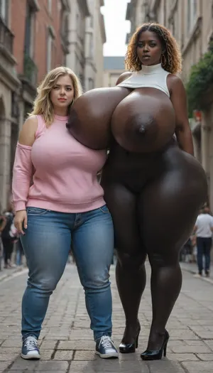 Ultra-hyperrealistic image, 8k image, award-winning image, hyper-realistic faces, soft lighting, (full body:1.2), standing and kneeling view, They are two women with penis, (2futas:1.2), they have huge, big, thick, circumcised penises, beautiful fat glans, big balls, (one is tall with black skin:1.2), (very black skin:1.2), the other is blonde with blue eyes, both women with penis have giant asses, they have anal sex with each other, in different positions, they have anal sex in the streets, in parks, in church, on a yacht.Full body, full naked, masterpiece, best quality, 8k, anime, 2girl, fully clothed, front facing, (gigantic breasts:1.2), outdoors, pink short sweater, sleeveless tshirt, bronw hair, blue eyes, denim pants, straight hair, (cry:1.2), standing and knrrling, (tall:1.2), (tall girl:1.2), (gigantic hips:1.2), (gigantic thighs:1.2)