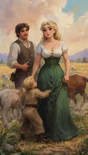 (((a peasant woman in a medieval green dress, corsage, white blouse, neckline, blonde, a cuhubby mature woman of 50 years old, with huge breasts, wide hips, gergeous ass and a shaggy cunt, works in the field with her little young son))), ((oktoberfest dress)), (((masterpiece, the best quality))), (wheat field, ears, sickle, sheaves), deep photo, depth of field, 35mm photo, film, bokeh, professional, 8k, highly detailed, perfect anatomy, insane details, intricate details, hyperdetailed, hyper quality, HDR, ray tracing reflection, cinematic lighting, highlydetailedbody, realisticface, highlydetailedhair, perfectfingers, insanelydetailed, 8K.highdetailedskin, highresolution, (j_cartoon:1.5), Drawing, uberfit, muscular, athletic, evaelfie, <lora:evaelfie_XLv1:2>, <lora:detailed_notrigger:2>, <lora:samdoesarts1.1-000030:.4>, <lora:J_cartoon:.3>, <lora:Animated_Concept:.4>