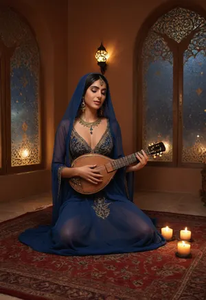 Scheherazade sensual princess from tales from the Arabian Nights, (showing nipples), (playing oud arabica instrument), showing pussy, face veil, 25 year old, taking off and undressing blue gown made of transparent veils, henna tattoo, serenity expression, she is in Baghdad, in Harem in an Arab palace, arabic calligraphy, on Persian carpets and surrounded by cushions, (moonlight through oriental window, nightly, stars, starry night, flying carpet), great serenity, warm light, realistic photography, golden oil lamp, soft smoke of incense, candles, arabian nights ambiance, arabic, calligraphy, dark, skin, <lora:arab_architecture_by_styx:1.5>, <lora:arabic_calligraphy:1.5>, <lora:Darker_skin_SDXL:.8>, <lora:Omani_male:.8>