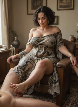 The image depicts a curvy MILF sitting on a chair. She is wearing a snakeskin-print dress, one shoulder off-the-shoulder. Her legs are bare and stretched out, one of them resting on the lap of a man sitting next to her, giving her a foot massage.

The man is shirtless and wearing pants. A watch is visible on his left hand. He is caressing the MILF's bare leg.

Behind the woman on the chair is a blue drape and a pink pillow. To the right of them is a wooden chest of drawers, on which lie decorative objects, including a candlestick and various vases. A gray curtain is visible in the background., cowgirlfeetup, <lora:MJ52:.8>, <lora:EvanRachelWoodBYMakeThemComeAliveAiArt:.8>, <lora:Chubby BBW - XL:.8>, <lora:CowgirlFeetUp:.8>