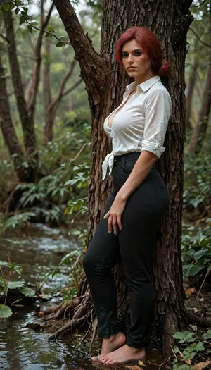 8k, score_9, score_8_up, score_7_up, Cinematic still the viewer looks down at a submissive girl, FILM PHOTOGRAPHY STYLE, cinematic photography of a woman, professional portrait photo realism, masterpiece, best quality, high resolution, hires, score_6_up, (Triss Merigold from the Witcher:1.4), incase, style, ratatatat74, solo, side view, close up, large breasts, black leather pants, wide hips, thick thighs, looking at viewer, detailed pupils, leaning against tree, detailed, misty, swamp, full body view, <lora:ratatatat74-000050:1.3>, <lora:detailed_notrigger:2>, <lora:add-detail-xl:.8>, <lora:LCMTurboMix_Euler_A_fix:.8>, <lora:style_lora_realis:.8>