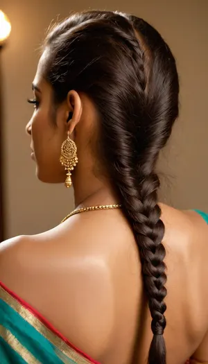 Extremely sexy face, South indian teacher in down blouse huge facing away showing her back, double braided, flash light on hear grown from her neck is making the skin look darker, elegant indian face, Ultra-realistic shot of the neck of a indian rural extremely brown women with dark neck, where her hair is divided in half and braided to the sides, delicate hair strands are visible along the nape of her neck and around the part in her hair. The lighting is soft and natural, enhancing the details of her skin and hair. The focus is on the intricate details of her neck and hair, creating a highly realistic, ((full body shot)), laser focused by canon mark 7d l lenses, world renounced photography, laser focused, <lora:set4:.8>