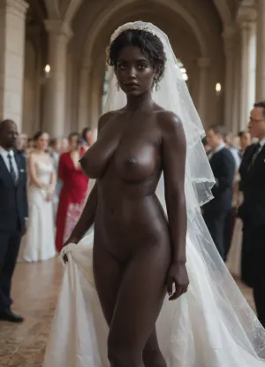 (((party with naked bride))), bride Is topless, naked tita. bride Is tall, curvy body, big saggy boobs, (ultra black skin bride:1.5), . a lot of White skin men at the party, men wear formal clothes.