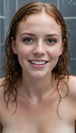ziprealism, (27yo Scottish woman, charismatic natural beauty, candid casual esthetic:1.6), (embarrassed shy eye contact, soft cheesy grin, bashful pose, exasperated, scandalized:1.8), (f/2.8, shallow depth of field, subtle bokeh, analog lens), (focus on breasts:1.4), (vibrant ginger hair with dark roots, frizzy hair, pale porcelain skin:1.6), (natural skin texture, long delicate eyelashes, adorable overbite with buckteeth, freckles, large expressive doe eyes:1.2), (modern shower, wet hair, washing hair, drenched, soaking wet, wet skin, wet face, standing in shower, wet glass door, rain shower:2), (huge breasts, natural breasts, pale nipples, slender waist:1.4), Stable-Yogis-Makeup-Enhancer-XL