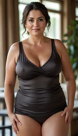 Ultra-realistic, photorealistic, overweight Macedonian woman, 50 years old, tanned skin, black hair, plus size, BBW, chubby, curvy, full-figured silhouette, underweight physique, short, stocky stature, wide hips, thick thighs, soft, round belly, voluptuous breasts, natural, drooping contours, round face, light brown eyes, expressive eyes, striking eyes, fascinating eyes, mesmerizing eyes, open mouth, cheerful facial expression, age-appropriate softness, realistic body texture, detailed skin texture, skin imperfections, wrinkles, tasteful clothing, comfortable outfit, sleeveless shirt with deep V-neck, draped fabric, fabric impression, subtle contour, faint outlines, satin structure, Strongly defined hard stiff nipples, raised details, clothing silhouette, soft material tension, gentle fabric pressure, realistic fabric behavior, thin stretch fabric that hugs the contours, standing pose, outdoor terrace, natural daylight, outdoor realism, <lora:style_lora_realis:1.6>, Translated with DeepL.com, (free version)