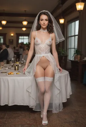 Evening, semi-darkness, subdued atmosphere, large restaurant hall, wedding celebration in the restaurant, festively dressed guests, dress from the chest to the pubis!, full body view, girl happy, perfect girl face, small breasts with protruding nipples, very short dress!, white short evening dress, white fishnet stockings, no panties, the drunk bride showing her pussy lips, the guests laugh happily, She wears a veil, a white lace collar around her neck, very short white evening dress, transparent dress very short, the dress has a neckline for the chest, no skirt, pubic length dress, piercing pussy, piercing nipple, girl STANDING ON TABLE and show your closeup pussy lips!
