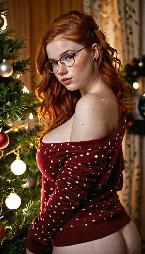 Photorealistic, high resolution photograph of an pale skinny redhead 20 year old beauty. Healthy vibrant skin. Nerd with freckles. She is wearing an oversized Christmas sweatshirt off of one shoulder. She has no pants. She has large breasts. She has glasses. Her hair is in frizzy pigtails. There is cum on her face and sweater., (Decorating the Christmas tree with her back to the viewer), . ponychar3-RBSYPV3, curvaceous2, long, hair, looking, at, viewer, burgundy, brown, eyes, mole, portrait, freckles, pierced nipples, realistic, (showing butt plug in anus), <lora:RMSDXL_Photo:1.7>, <lora:ponychar3-0-RBSYPV3:1.8>, <lora:Buttplug__SDXL:1.7>